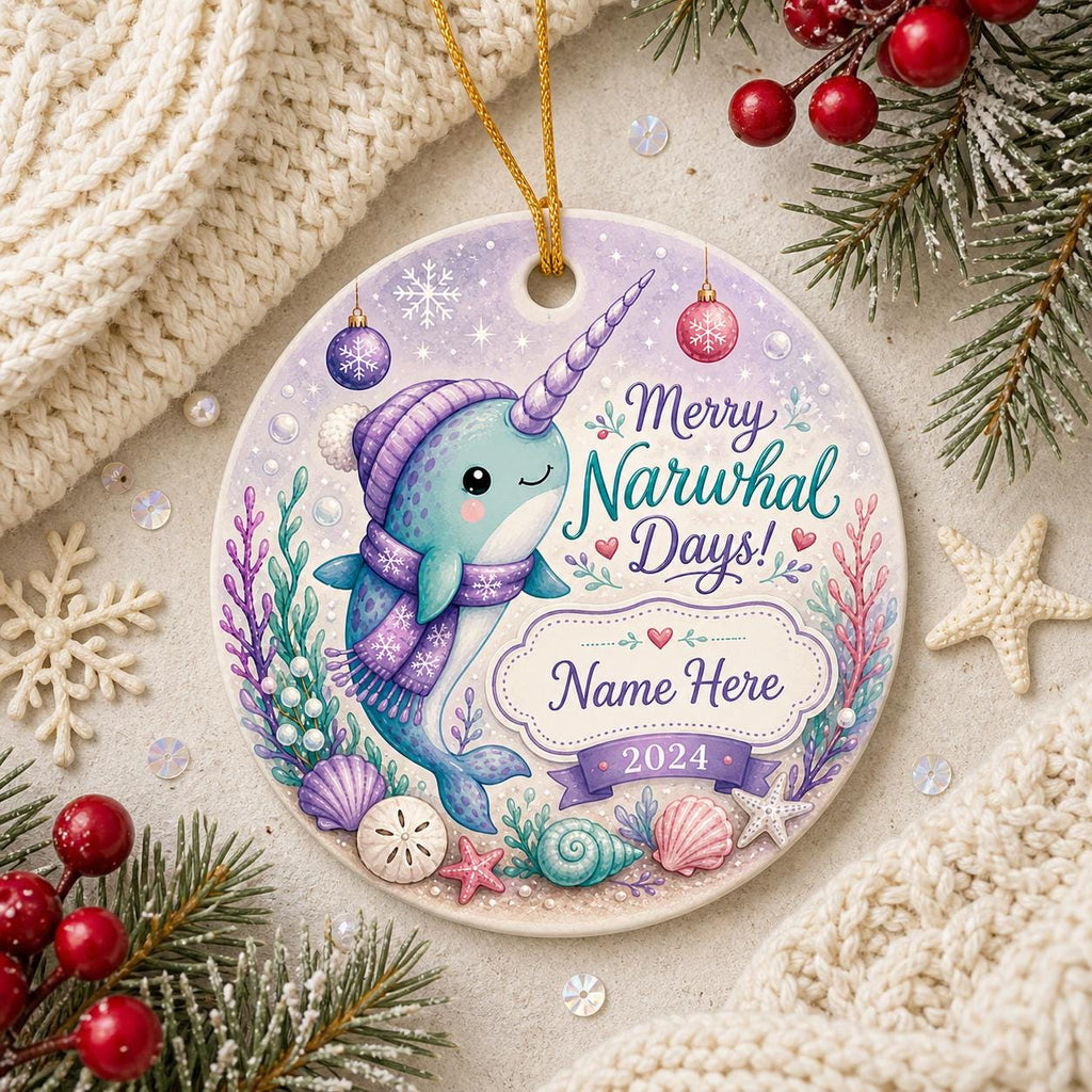 Happy Narwhal Days Ceramic Ornament, Custom Family Name, Whimsical Sea Unicorn DecorPersonalized