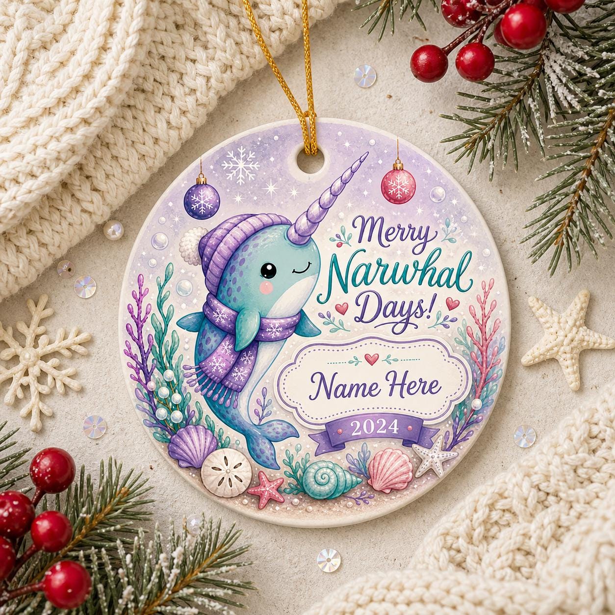 Happy Narwhal Days Ceramic Ornament, Custom Family Name, Whimsical Sea Unicorn DecorPersonalized