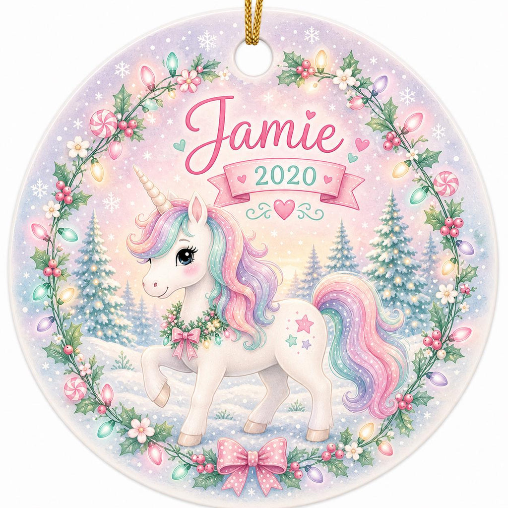 Unicorn Christmas Ornament, Custom Name Holiday Lights Decor, Mythical Creature KeepsakePersonalized