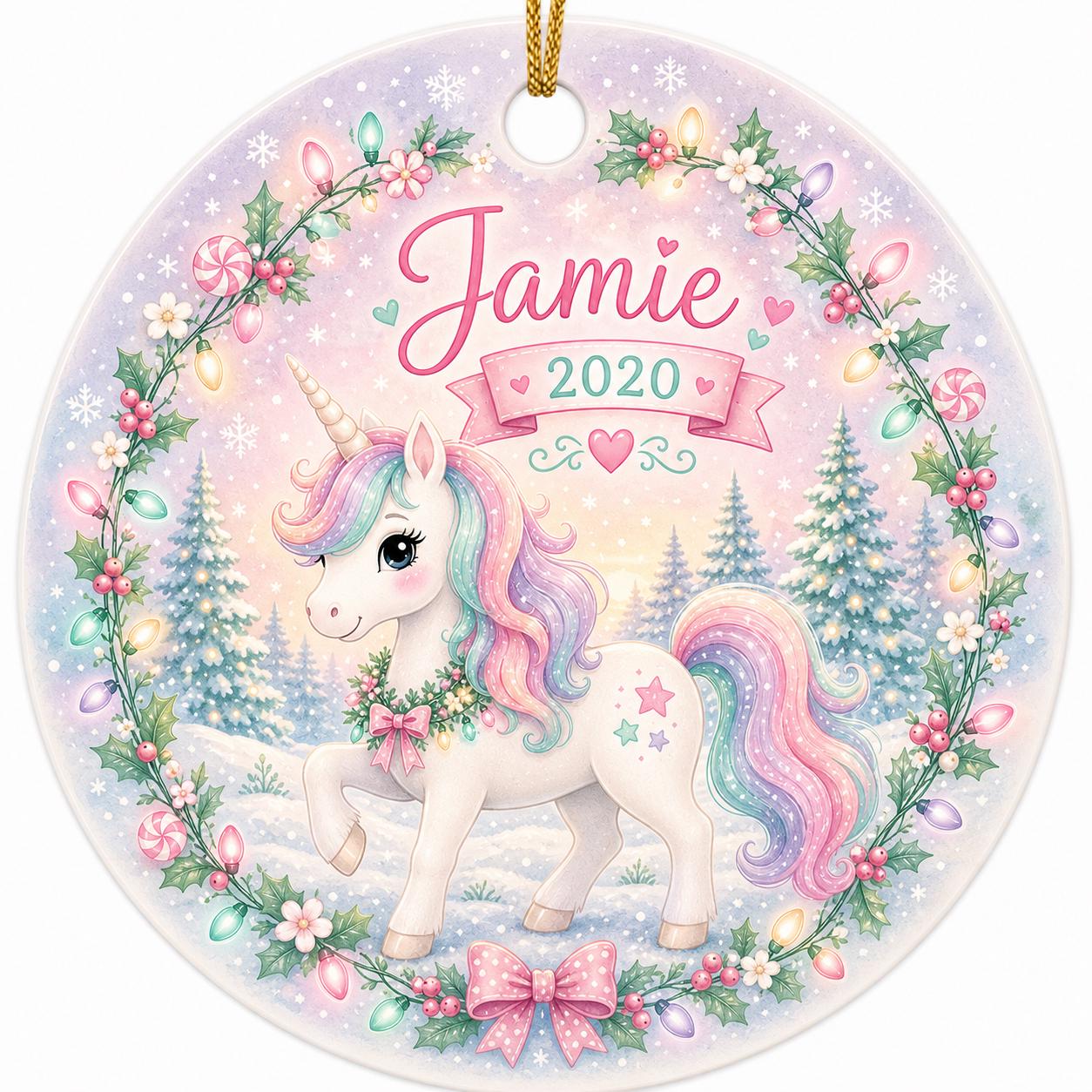 Unicorn Christmas Ornament, Custom Name Holiday Lights Decor, Mythical Creature KeepsakePersonalized