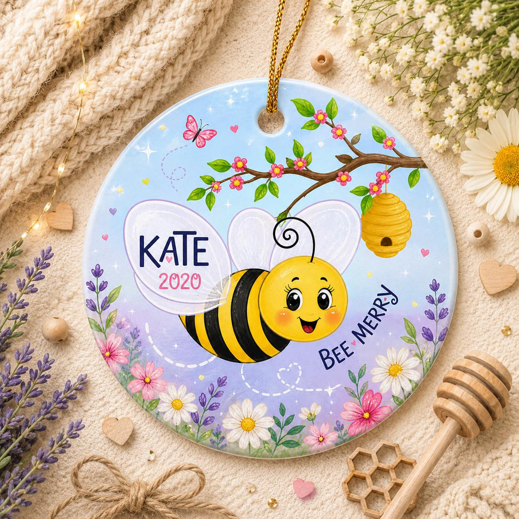Bee Christmas Ornament, Custom Name Holiday Decor, Whimsical Garden KeepsakePersonalized