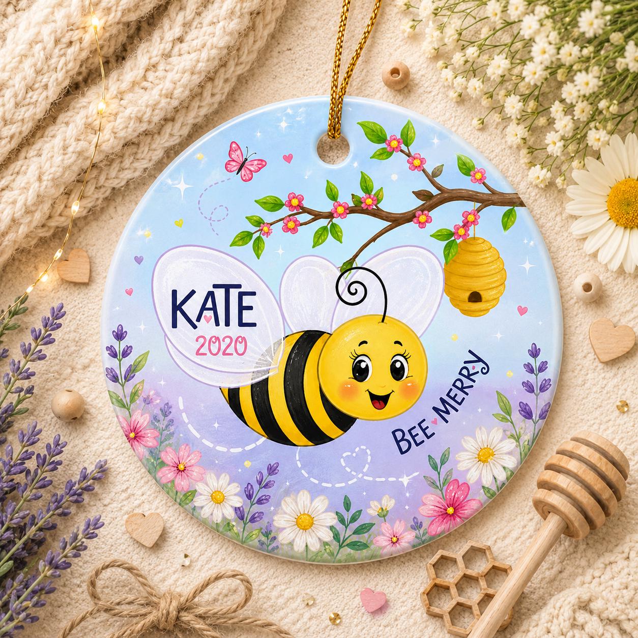 Bee Christmas Ornament, Custom Name Holiday Decor, Whimsical Garden KeepsakePersonalized