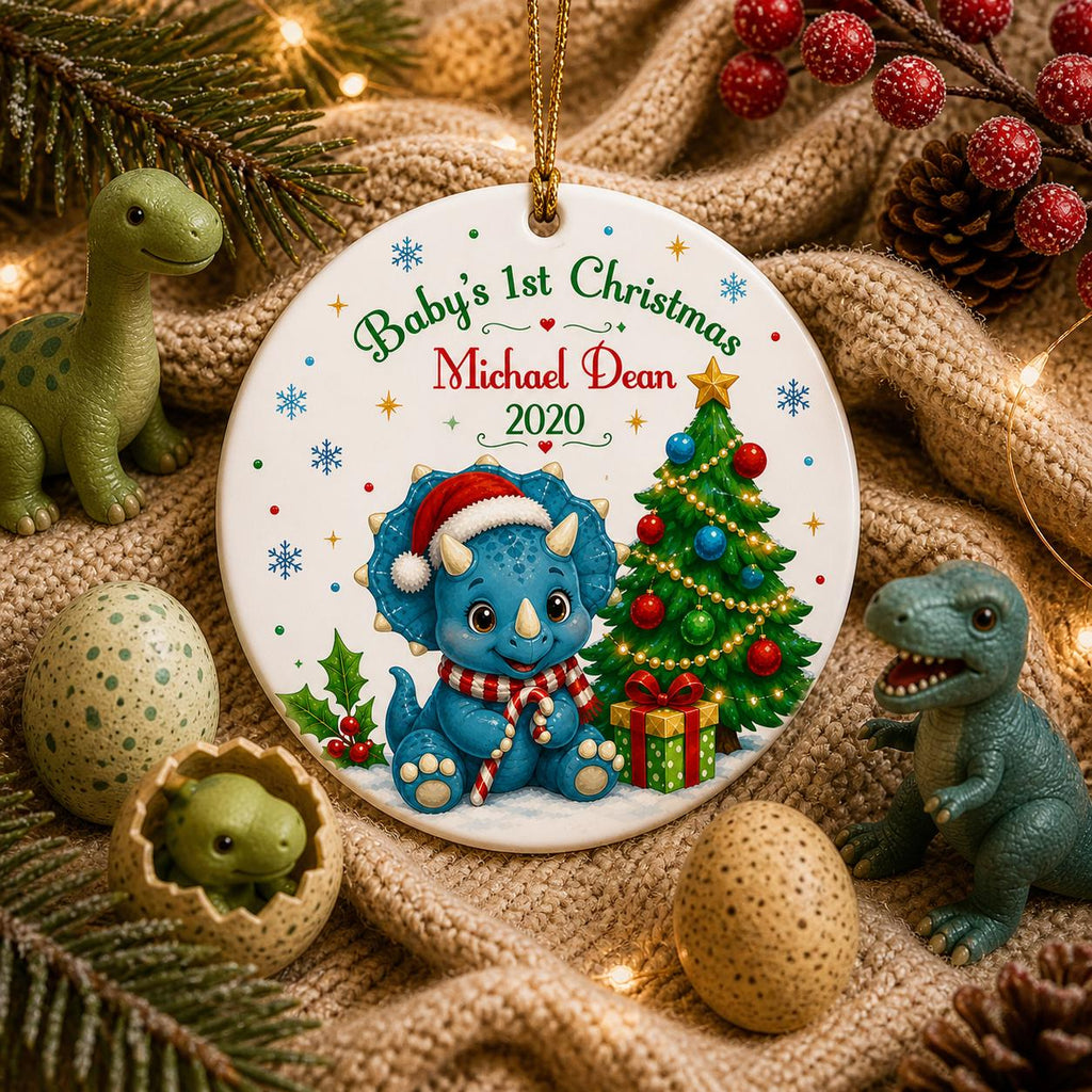 Baby's First Christmas Dinosaur Ornament, Personalized Triceratops Keepsake, Custom Name Holiday DecorPersonalized