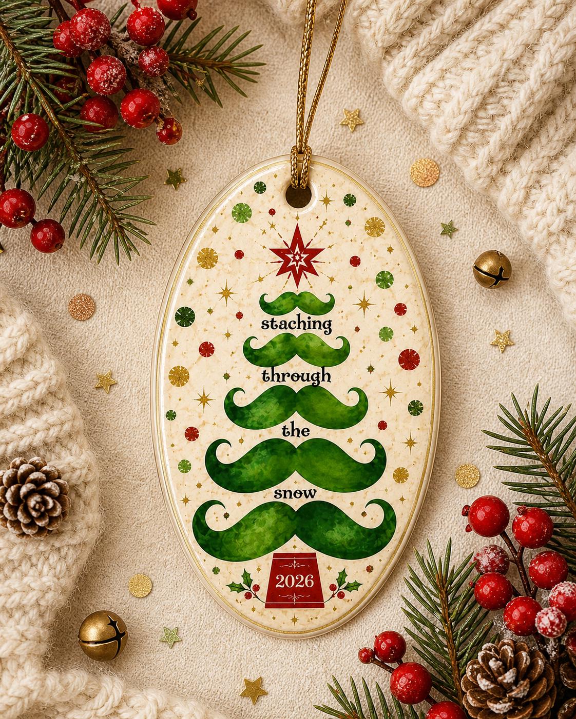 Funny Mustache Christmas Ornament, Staching Through Snow Tree Keepsake, Barber Holiday DecorPersonalized