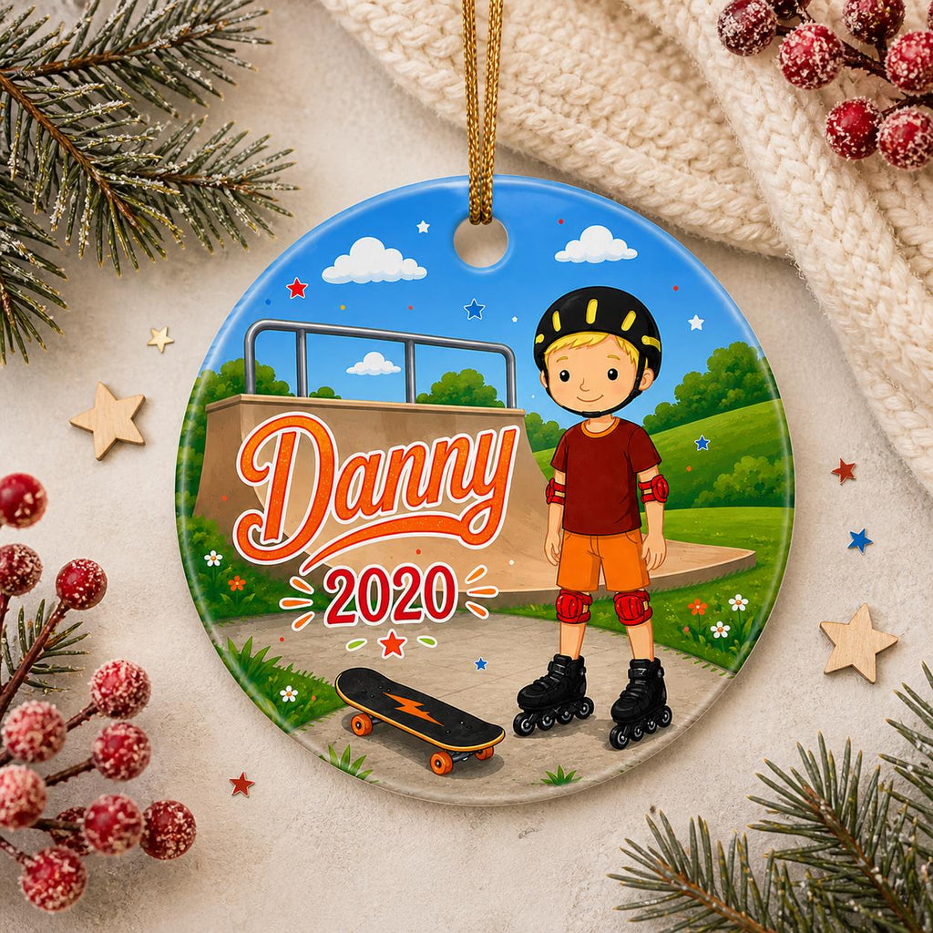 Boy Roller Skating Ornament, Custom Skater Christmas Decor, Inline Skate KeepsakePersonalized