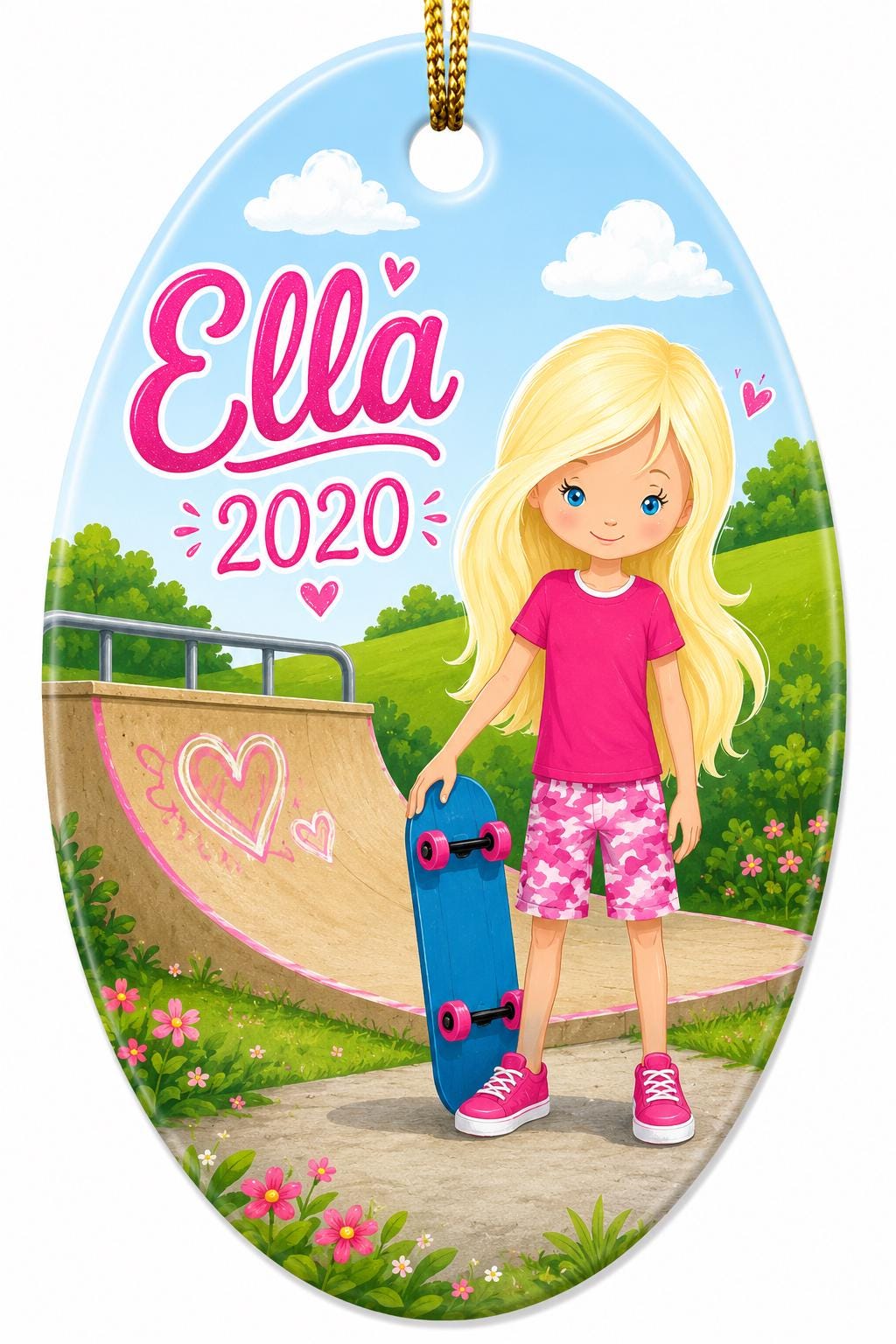 Skater Girl Ornament, Custom Name Skateboard Gift, Pink Camo Sport Decor, Ceramic KeepsakePersonalized