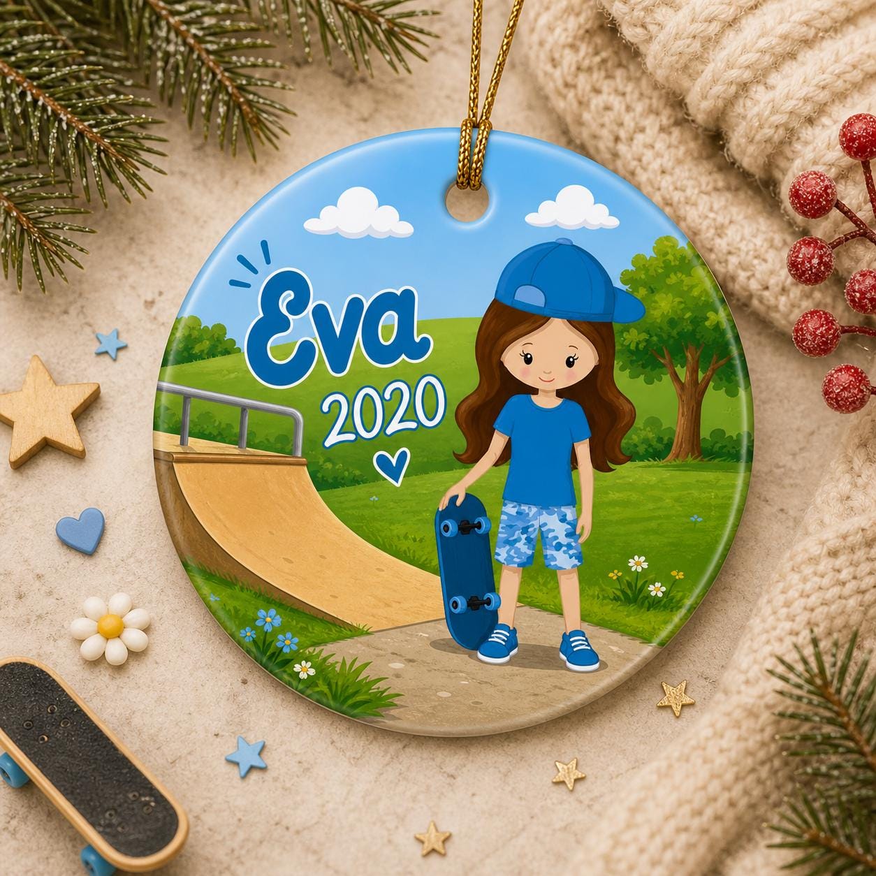 Skateboarder Girl Ceramic Ornament, Custom Name Skate Park DecorPersonalized