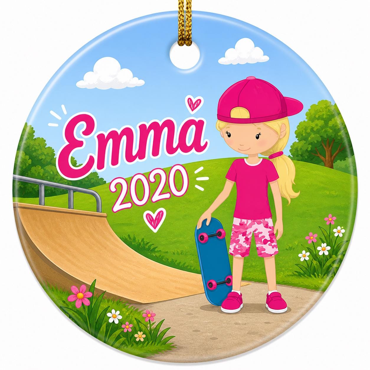 Skater Girl Ornament, Custom Name Skate Park Decor, Whimsical Skate ArtPersonalized