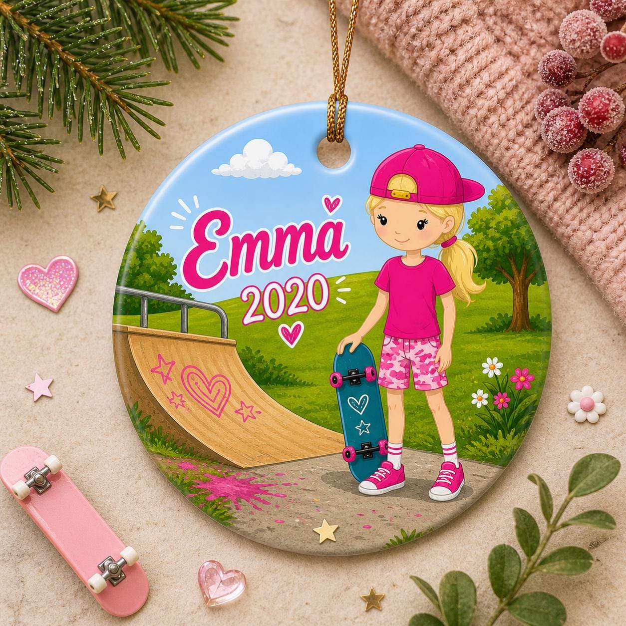 Skater Girl Ornament, Custom Name Skate Park Decor, Whimsical Skate ArtPersonalized