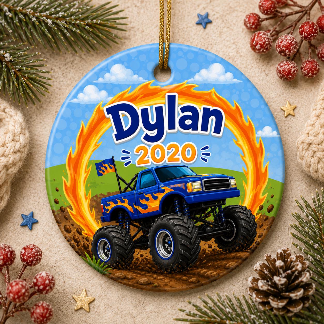 Blue Monster Truck Ornament, Ring of Fire Stunt Keepsake, Custom Boy GiftPersonalized