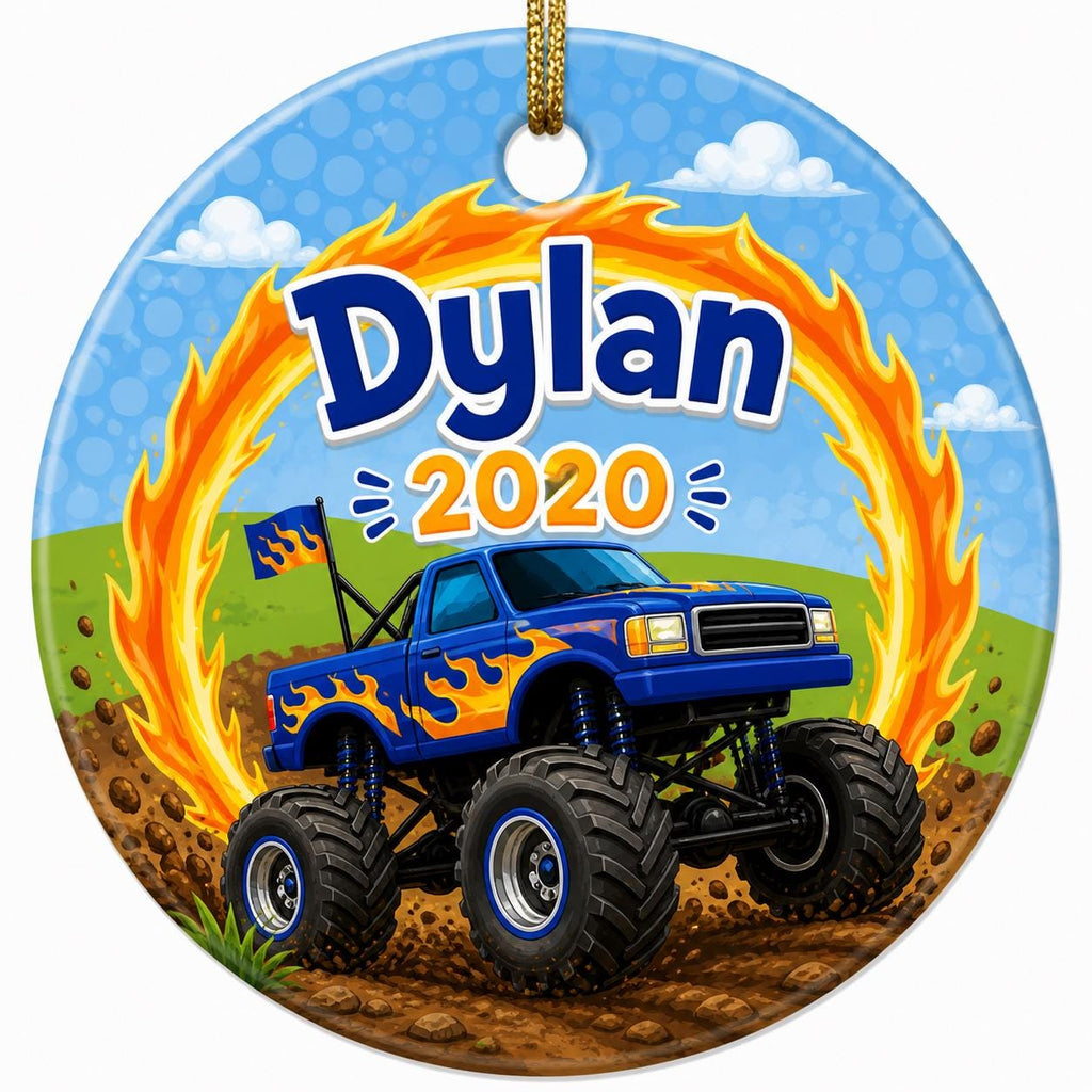 Blue Monster Truck Ornament, Ring of Fire Stunt Keepsake, Custom Boy GiftPersonalized