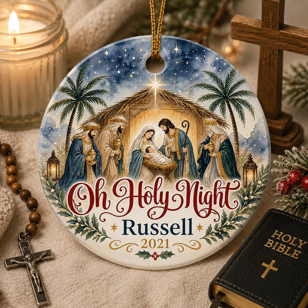 Oh Holy Night Nativity Ornament, Watercolor Manger Scene, Three Wise Men Ceramic KeepsakePersonalized