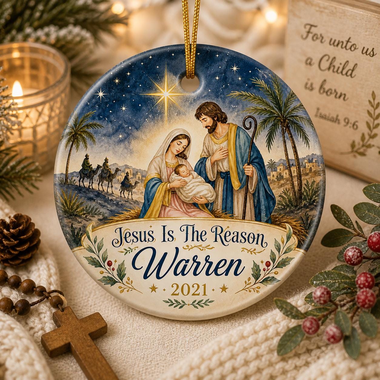 Nativity Scene Ceramic Ornament, Watercolor Holy Family Christmas Decor, Religious KeepsakePersonalized