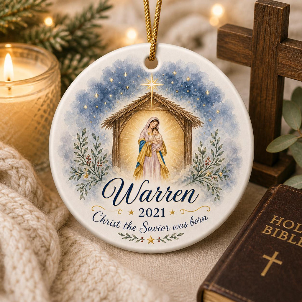 Nativity Scene Ceramic Ornament, Virgin Mary Baby Jesus Watercolor Art, Religious Holiday KeepsakePersonalized