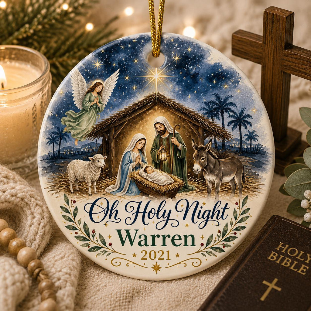 Oh Holy Night Nativity Ceramic Ornament, Watercolor Manger Scene KeepsakePersonalized