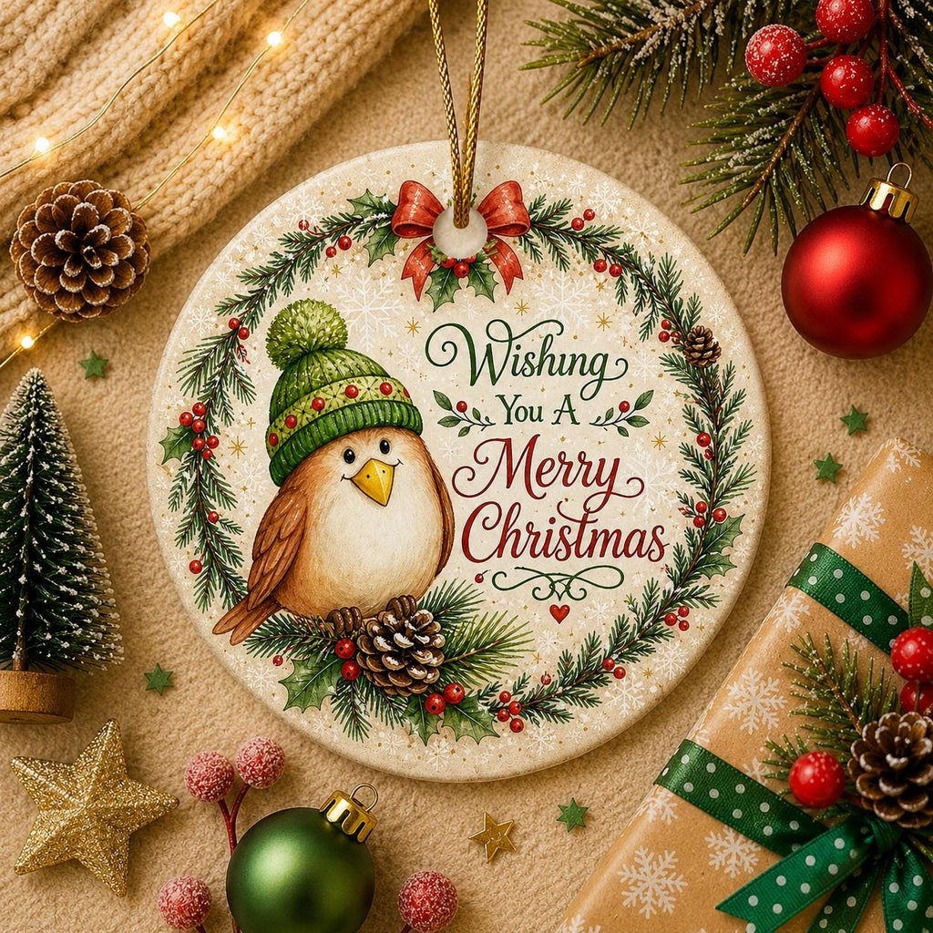 Watercolor Robin Christmas Ornament, Custom Family Name Gift, Winter Bird Ceramic KeepsakePersonalized