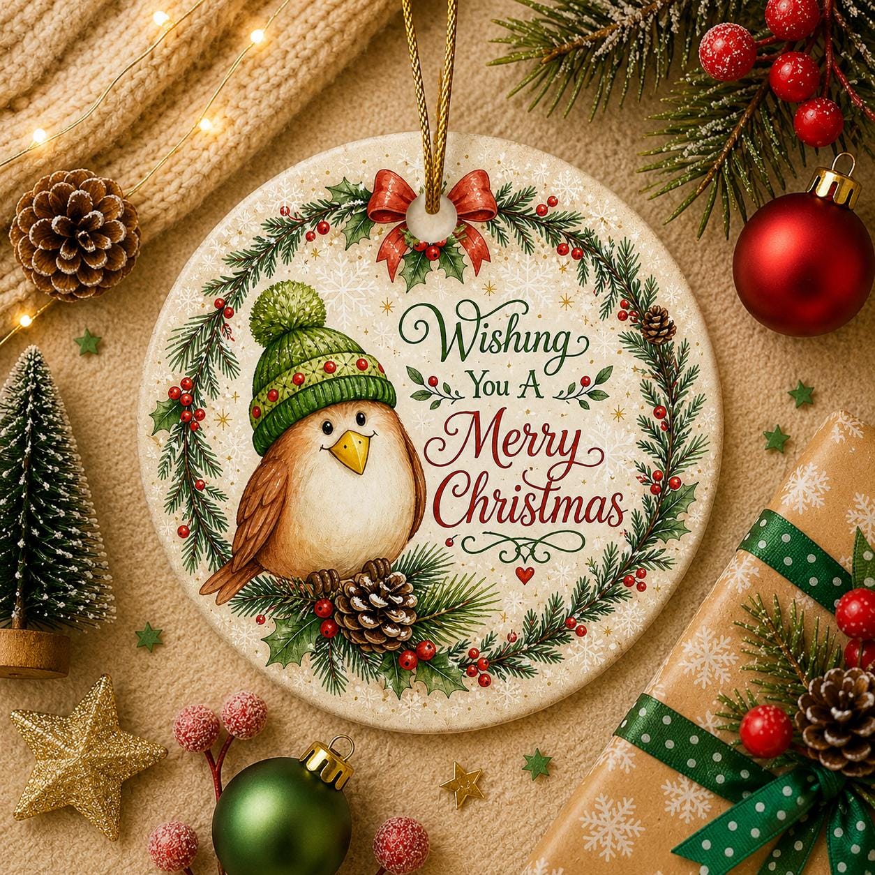 Watercolor Robin Christmas Ornament, Custom Family Name Gift, Winter Bird Ceramic KeepsakePersonalized