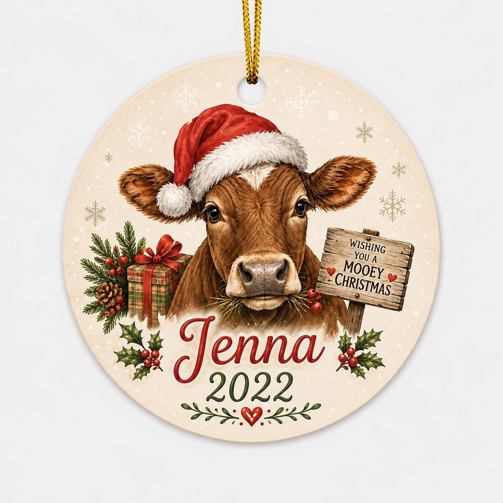 Ceramic Cow Christmas Ornament, Rustic Farmhouse Wreath Decor, Santa Hat Heifer Holiday ArtPersonalized