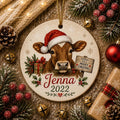 Ceramic Cow Christmas Ornament, Rustic Farmhouse Wreath Decor, Santa Hat Heifer Holiday ArtPersonalized