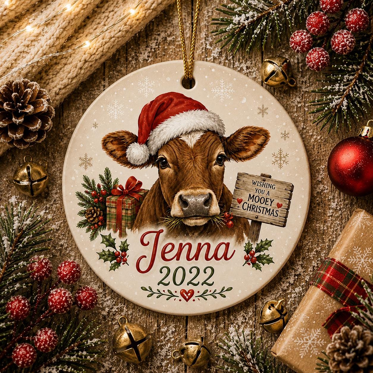 Ceramic Cow Christmas Ornament, Rustic Farmhouse Wreath Decor, Santa Hat Heifer Holiday ArtPersonalized