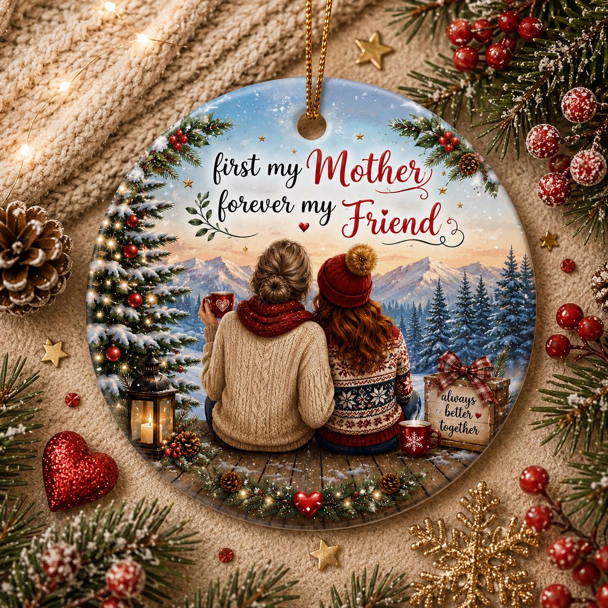 Mother Daughter Ornament, Winter Forest Ceramic Keepsake, Custom Family Holiday ArtPersonalized