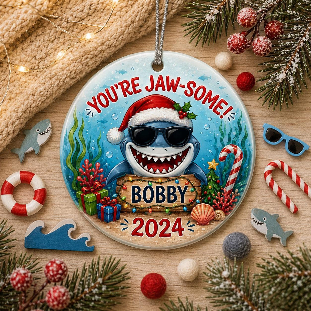 Shark Christmas Ornament, Kids Name Gift, You're Fintastic Shark DecorPersonalized
