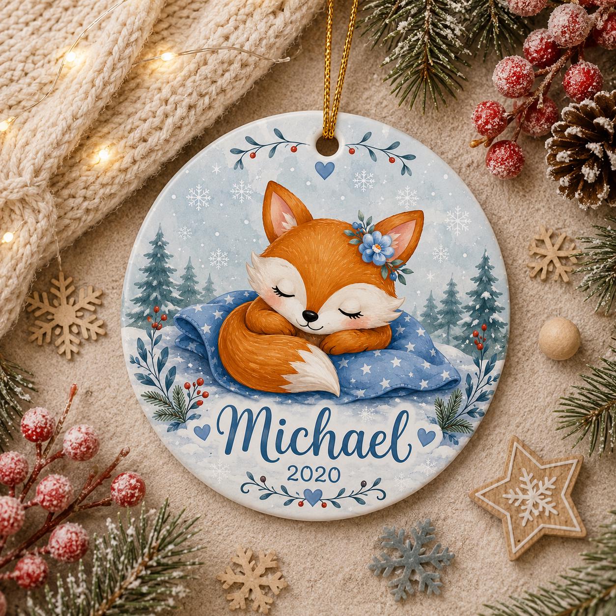 Sleeping Baby Fox Ceramic Ornament, Woodland Nursery Keepsake, Personalized Christmas GiftPersonalized