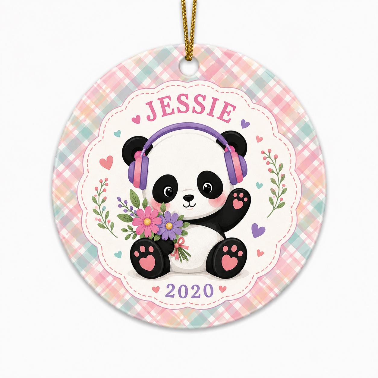 Panda Bear Ornament, Music Lover Gift, Plaid Nursery Decor KeepsakePersonalized