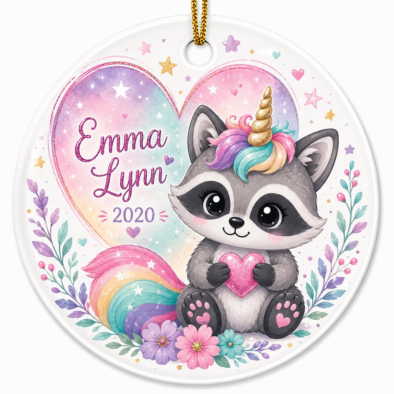 Raccoon Unicorn Ornament, Rainbow Heart Ceramic Keepsake, Magical Animal ArtPersonalized