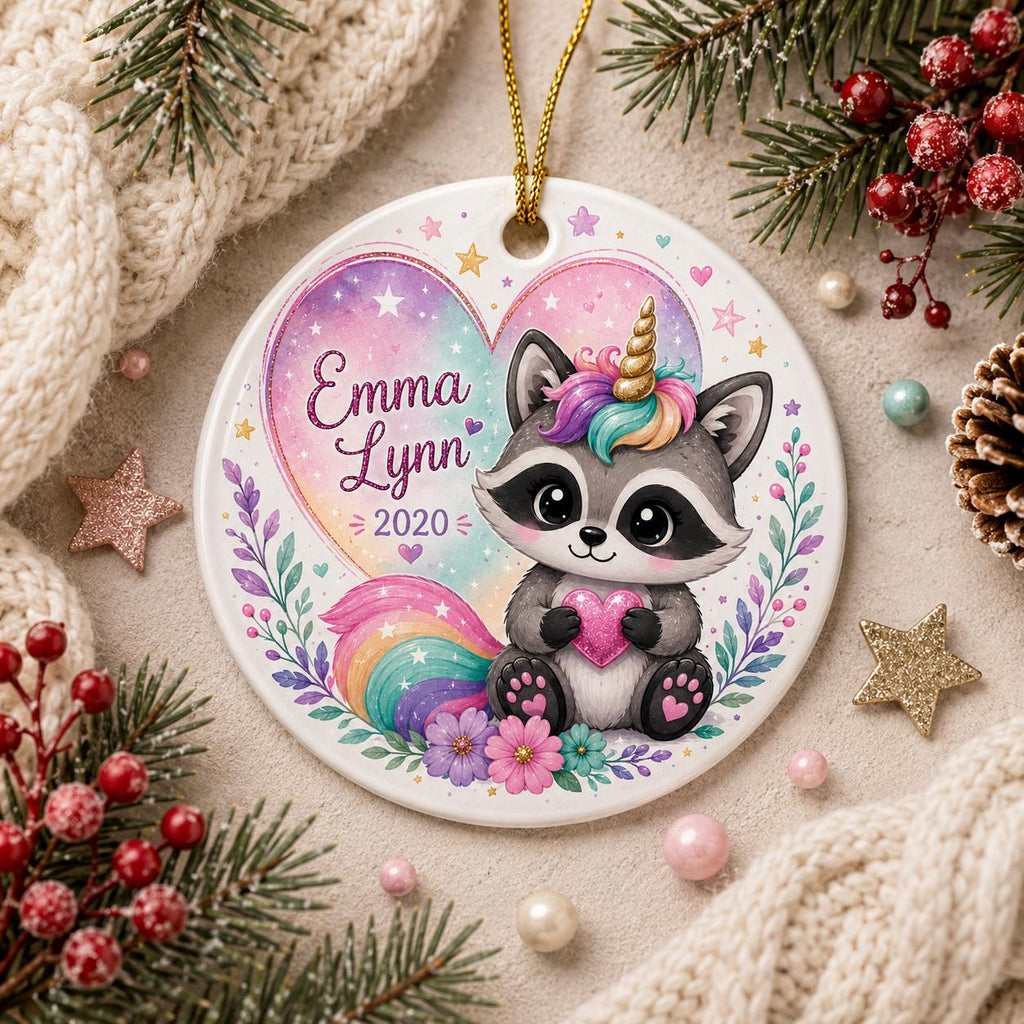 Raccoon Unicorn Ornament, Rainbow Heart Ceramic Keepsake, Magical Animal ArtPersonalized