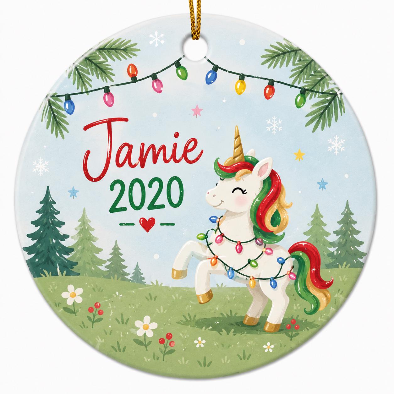 Unicorn Christmas Ornament, Kids Name Gift, Rainbow Magical Lights Ceramic KeepsakePersonalized
