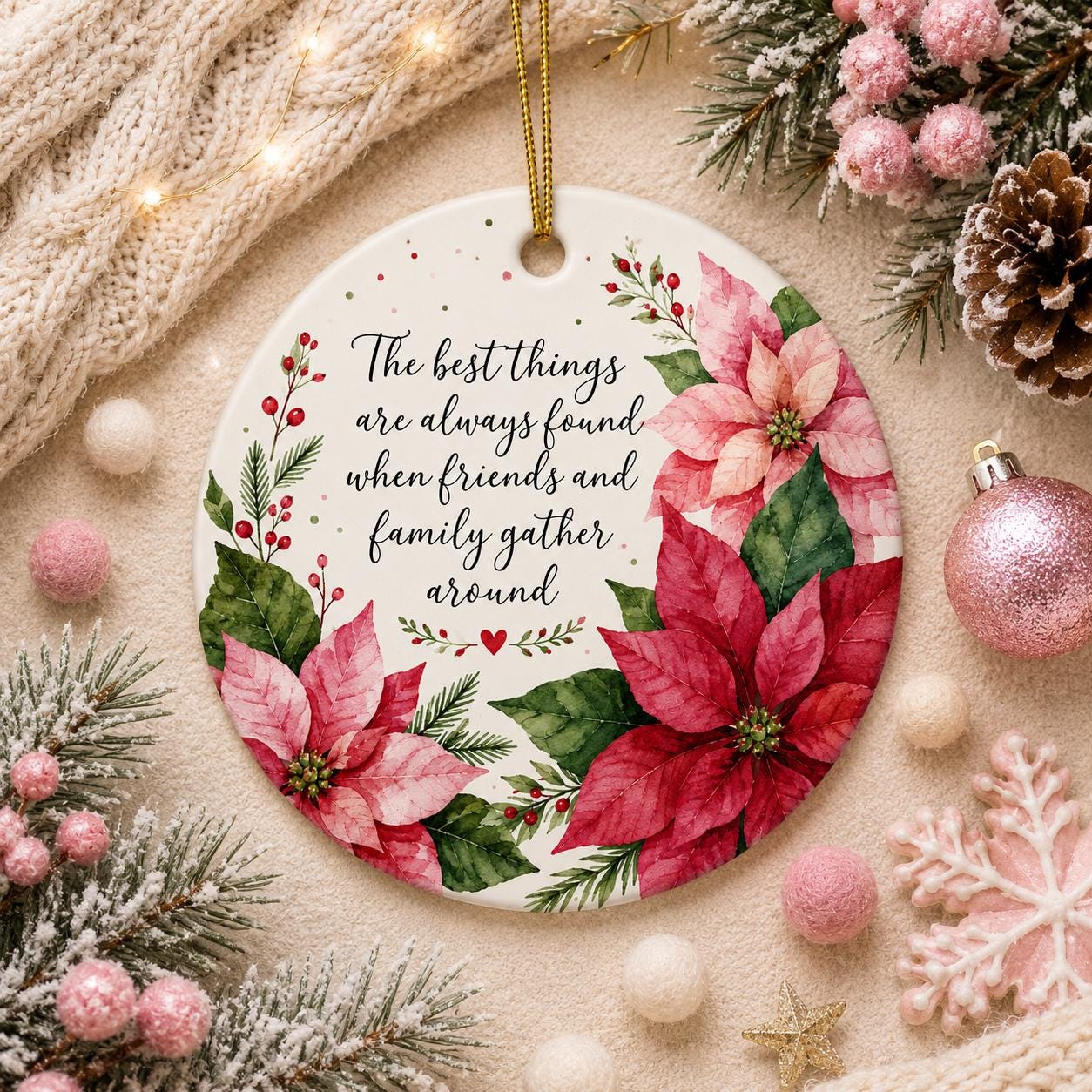 Poinsettia Christmas Ornament, Watercolor Floral Keepsake, Family Gather Quote Alegre Botanical DecorPersonalized
