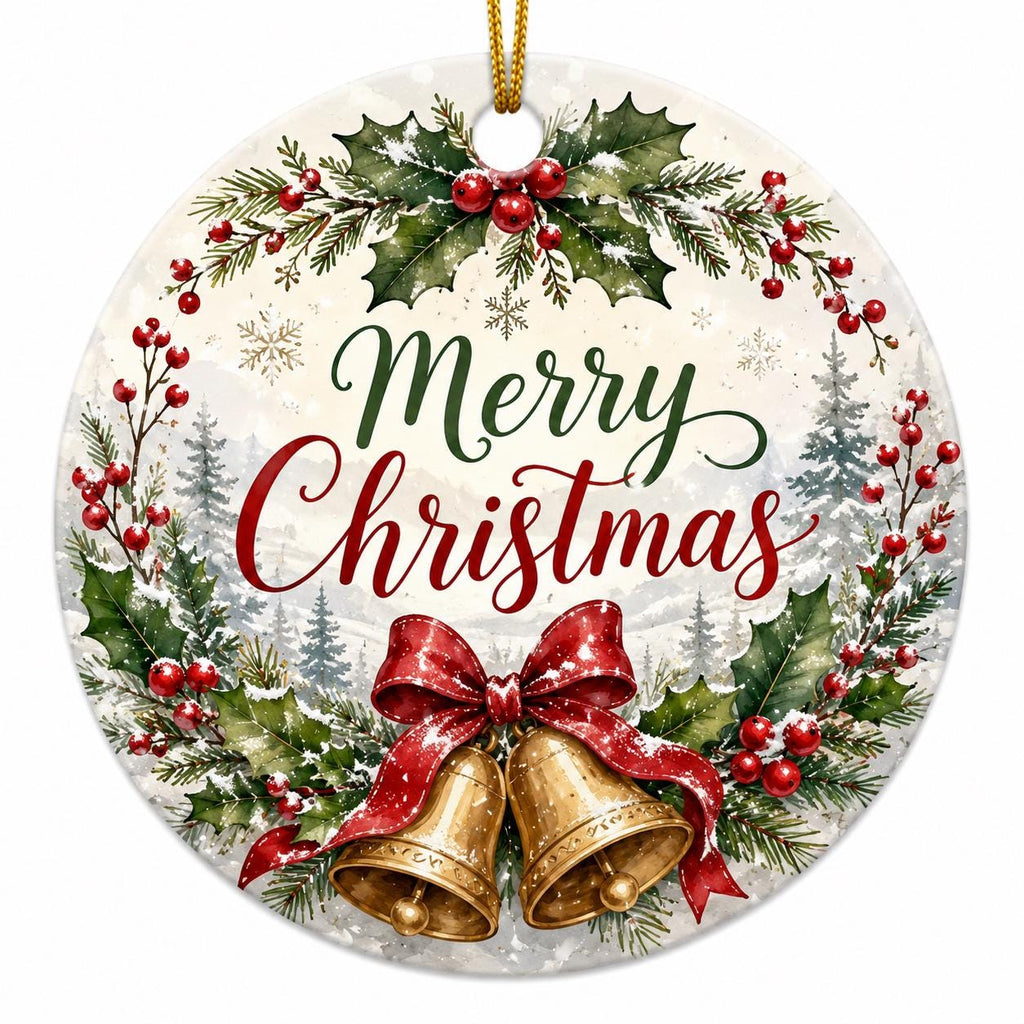 Merry Christmas Bells Ceramic Ornament, Holly Wreath New Year GiftPersonalized