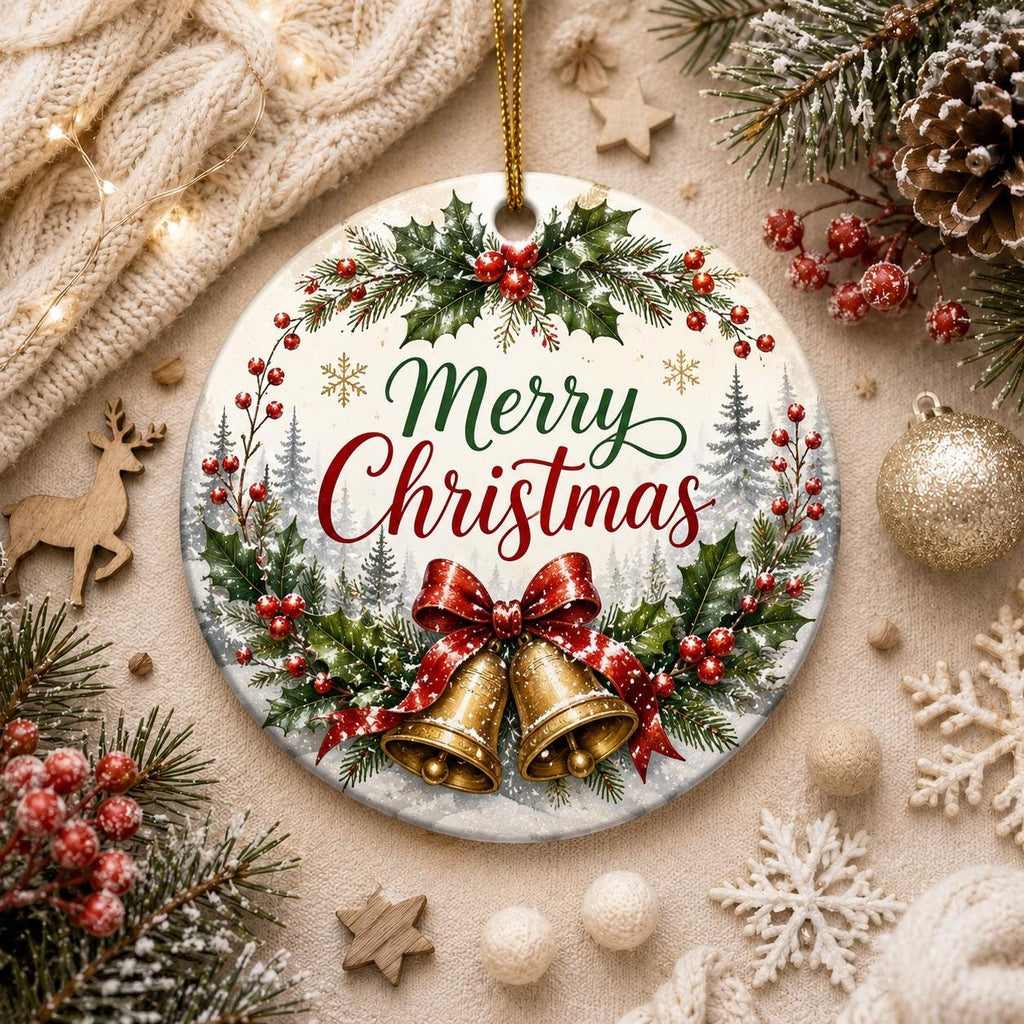 Merry Christmas Bells Ceramic Ornament, Holly Wreath New Year GiftPersonalized