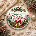 Merry Christmas Bells Ceramic Ornament, Holly Wreath New Year GiftPersonalized