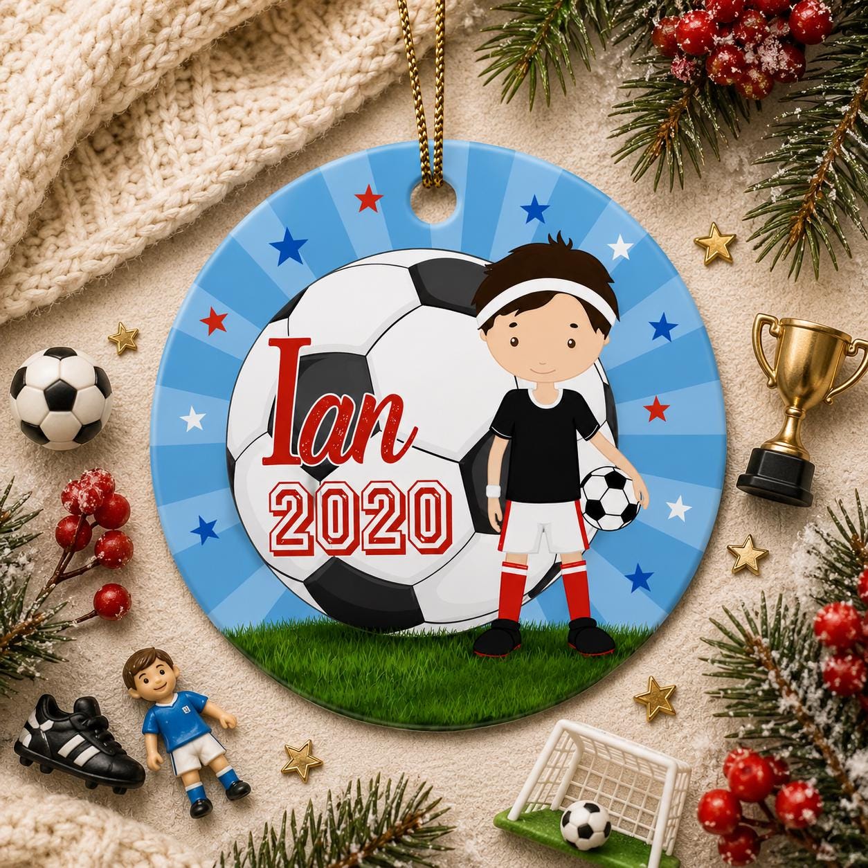 Soccer Ornament, Custom Boy Name Keepsake, Ceramic Athlete GiftPersonalized