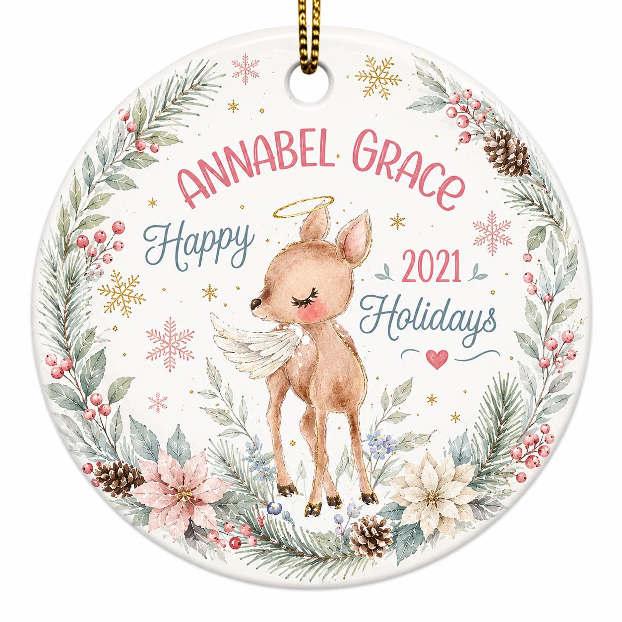 Winged Deer Ceramic Ornament, Custom Holiday Keepsake, Woodland Animal Nursery DecorPersonalized