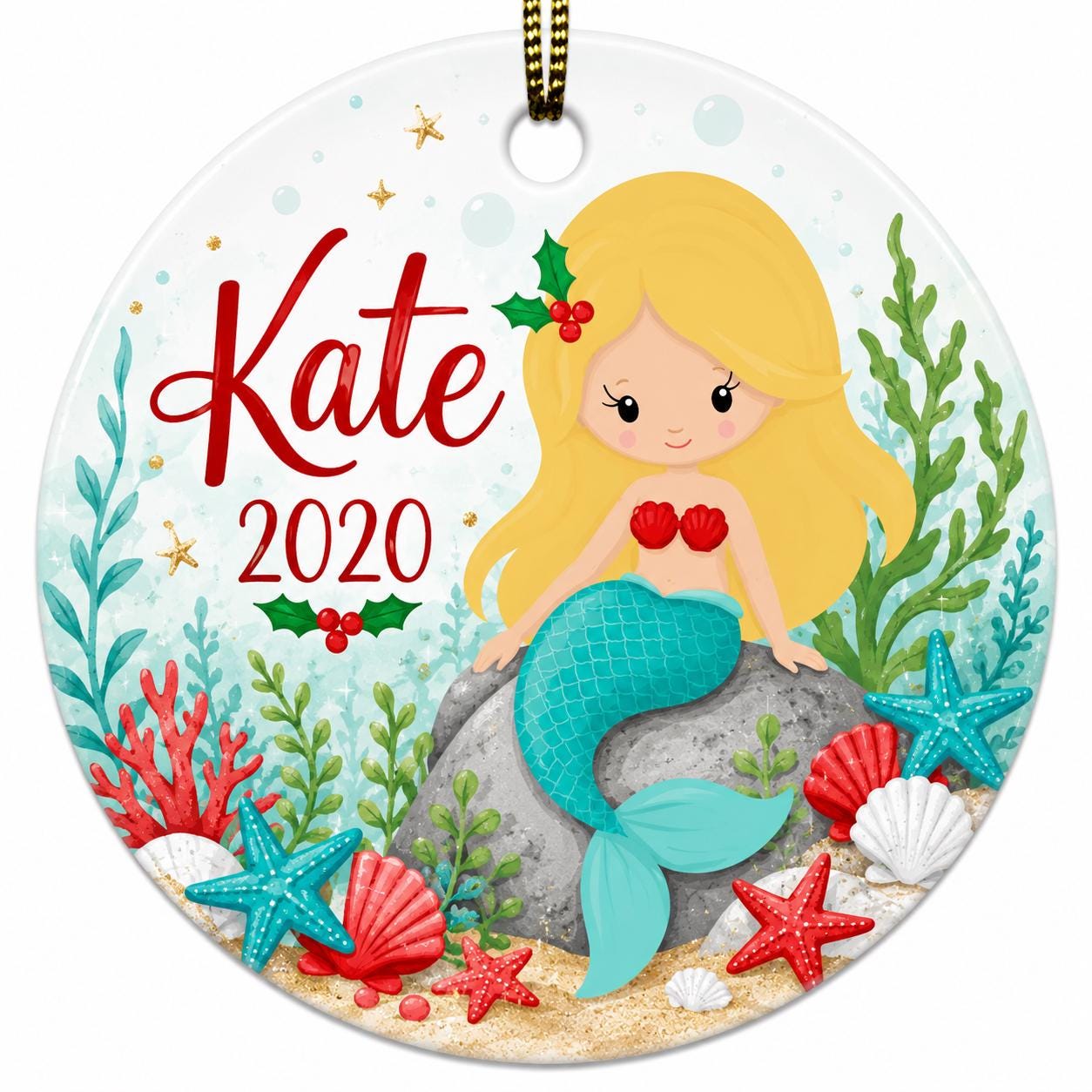 Mermaid Christmas Ornament, Nautical Shell Wreath, Under the Sea KeepsakePersonalized