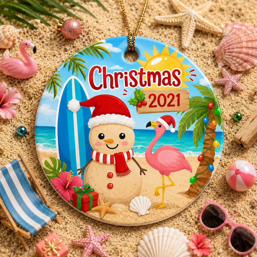 Sandman Flamingo Beach Christmas Ornament, Tropical Coastal Ceramic KeepsakePersonalized
