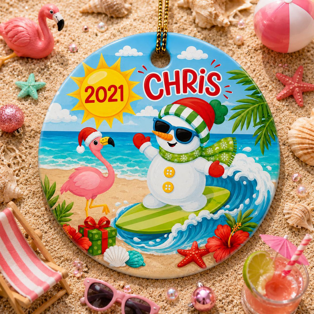 Surfing Snowman Ornament, Tropical Beach Christmas Decor, Custom Name Flamingo KeepsakePersonalized