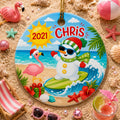 Surfing Snowman Ornament, Tropical Beach Christmas Decor, Custom Name Flamingo KeepsakePersonalized