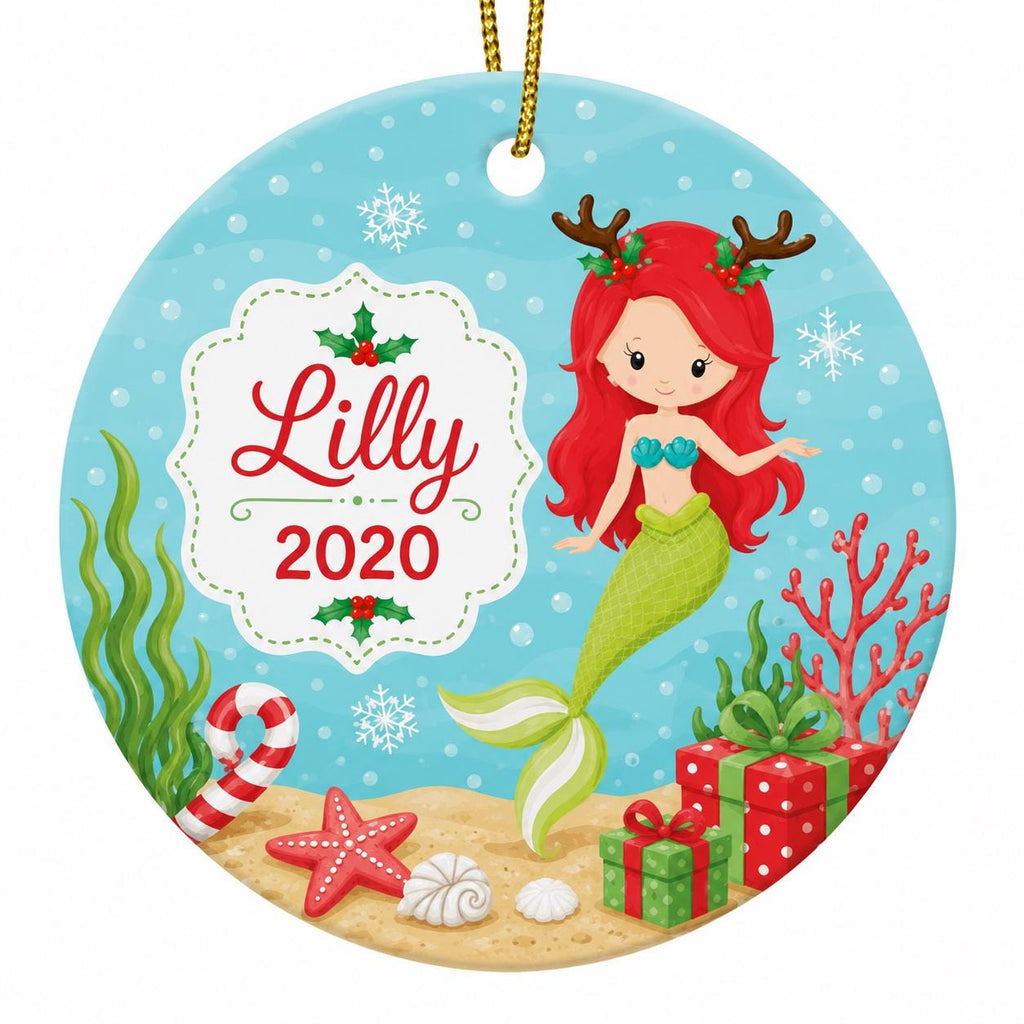 Red Haired Mermaid Ornament, Custom Name Ceramic Christmas Keepsake, Whimsical Coastal DecorPersonalized