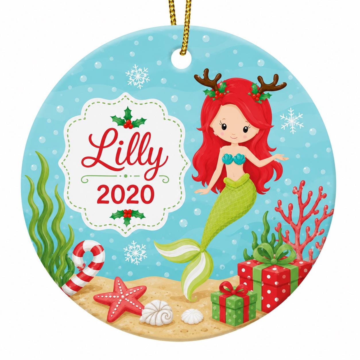 Red Haired Mermaid Ornament, Custom Name Ceramic Christmas Keepsake, Whimsical Coastal DecorPersonalized