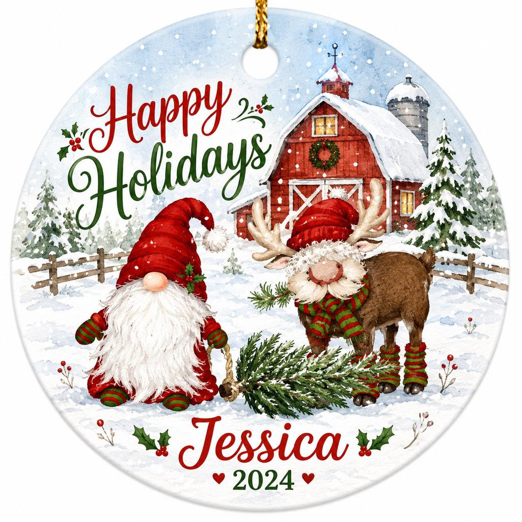 Customizable Gnome Reindeer Christmas Ornament, Winter Village Ceramic Keepsake, Whimsical Tree Farm ArtPersonalized