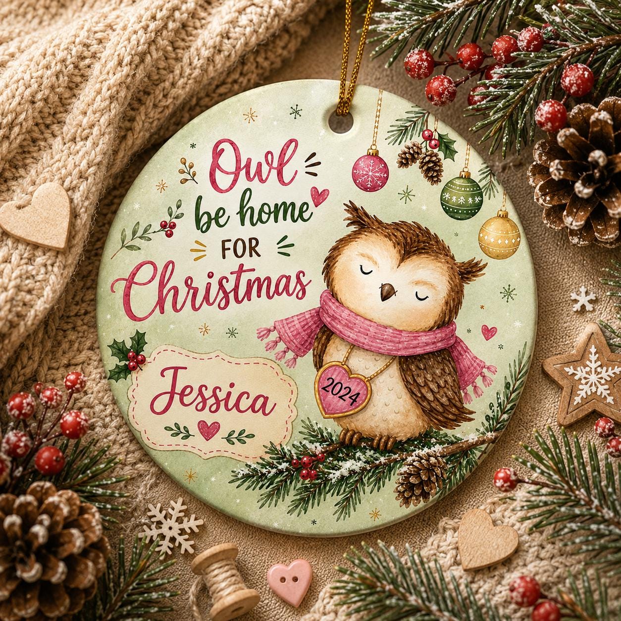Watercolor Owl Christmas Ornament, Rustic Woodland Ceramic KeepsakePersonalized
