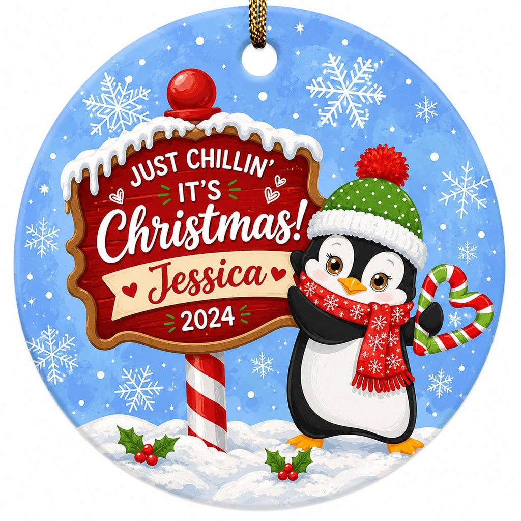Penguin Christmas Ornament, Winter Candy Cane Keepsake, Custom Name Child GiftPersonalized