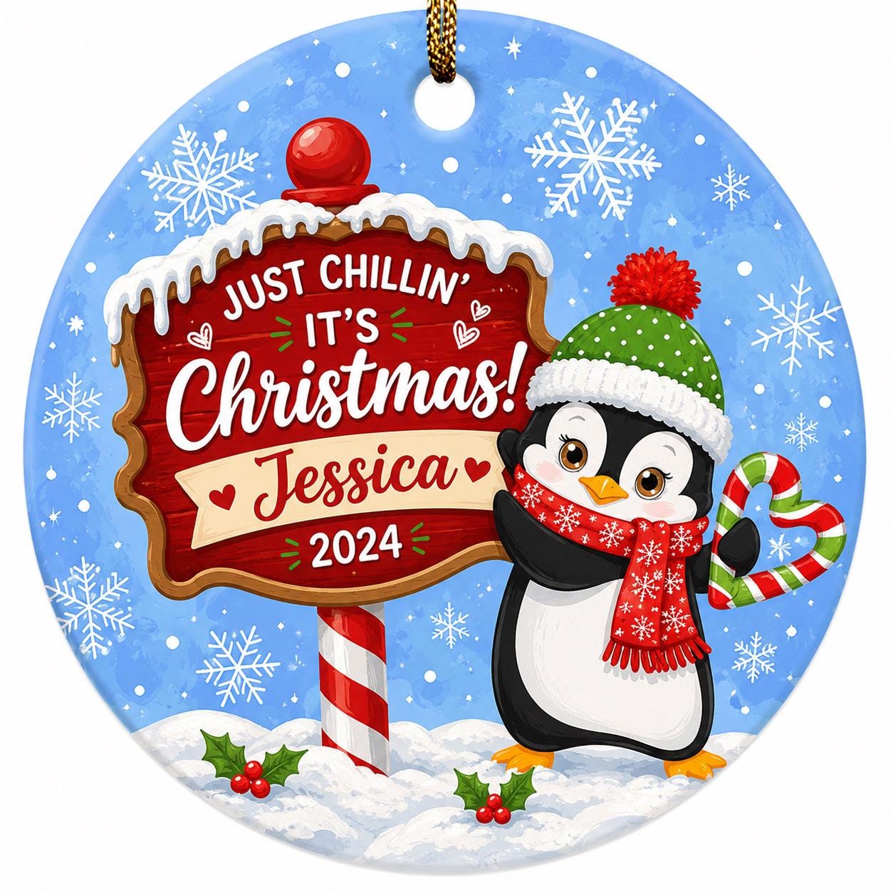 Penguin Christmas Ornament, Winter Candy Cane Keepsake, Custom Name Child GiftPersonalized