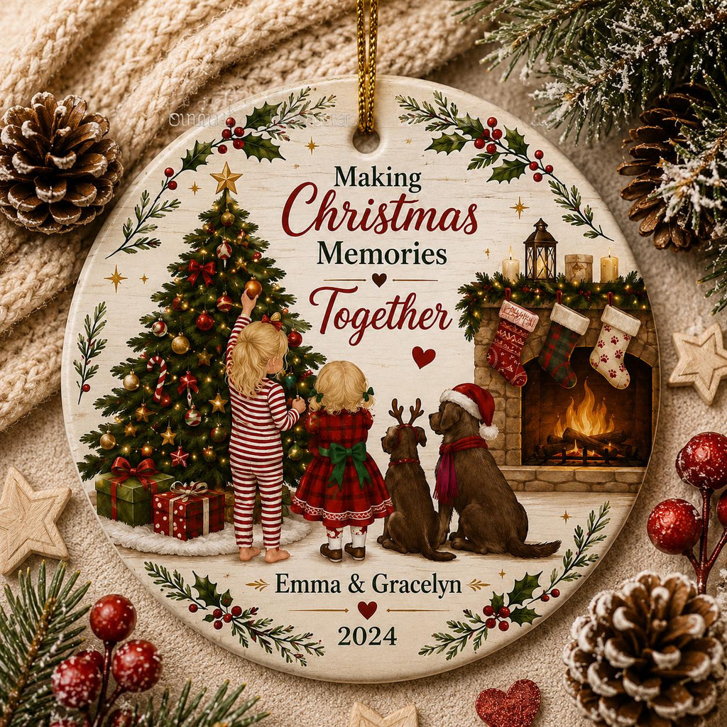 Sisters and Dogs Christmas Ornament, Fireside Family Keepsake, Holiday Pajamas Ceramic GiftPersonalized