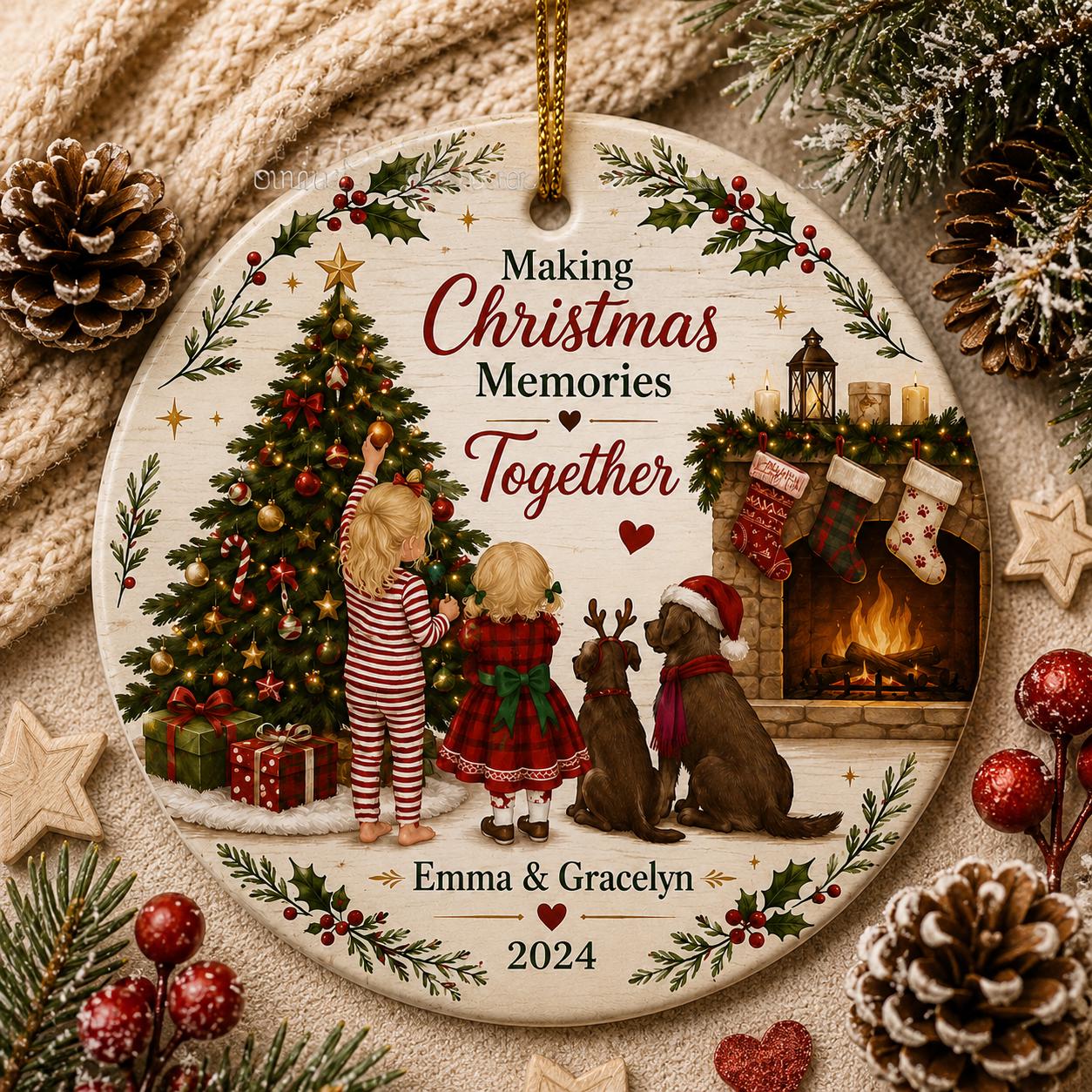 Sisters and Dogs Christmas Ornament, Fireside Family Keepsake, Holiday Pajamas Ceramic GiftPersonalized