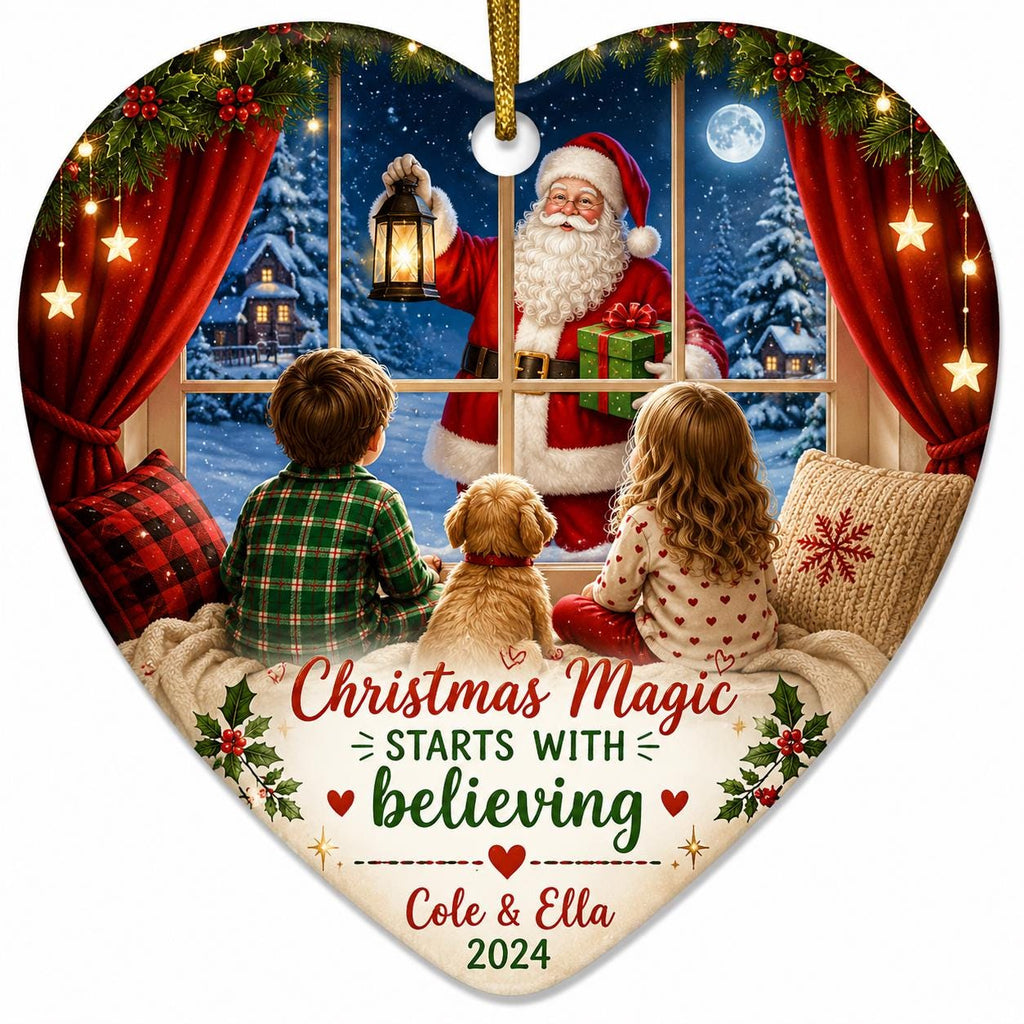Ceramic Christmas Ornament, Santa Window Scene, Kids Cat Gift, Custom Siblings KeepsakePersonalized